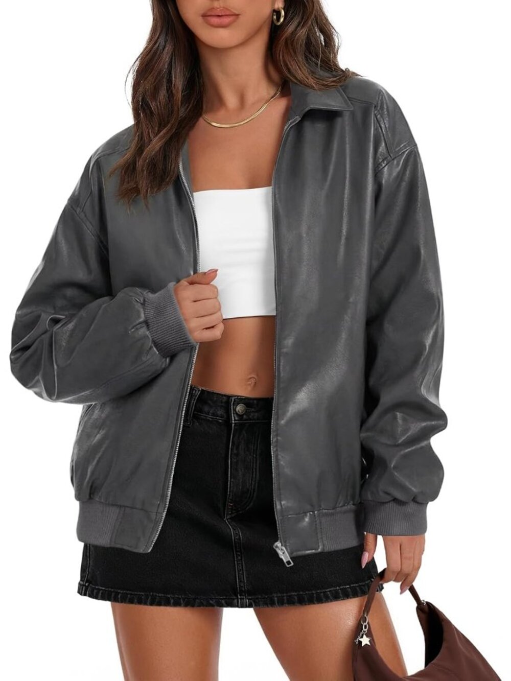 Women's Grey Fall Winter Oversized Faux Leather Bomber Jacket Coat Long Sleeve